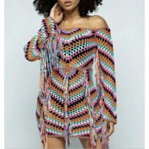 Hera Crochet Beach Dress Afghan Style Small Medium Fringe Granny GoGo Boho‎ Mini